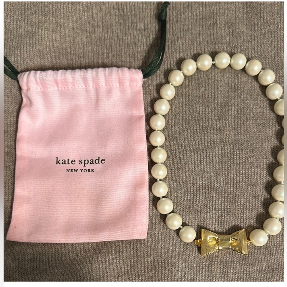 Kate Spade “All Wrapped Up Pearls” Necklace Gold 18" Ribbon Bow BRIDAL w dusty - Picture 4 of 15